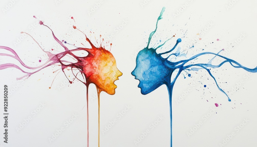 Poster a vibrant abstract representation of two faces communicating through colorful paint splashes, symbol