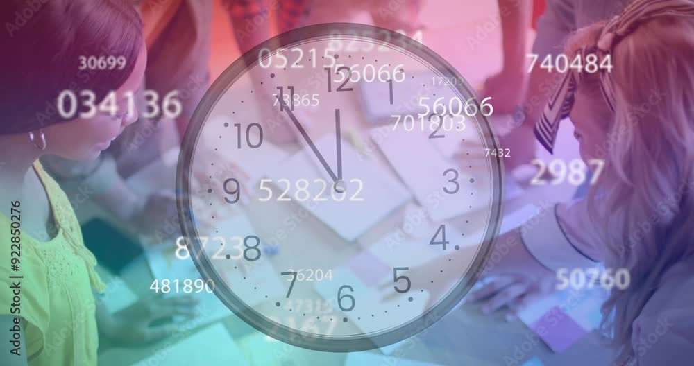 Poster clock and numbers animation over diverse group of people working at table