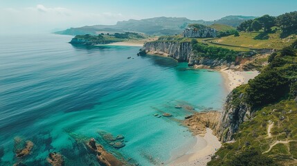 Fototapeta premium Aerial view of palms on the sandy beach of Indian Ocean at sunset, in Summer