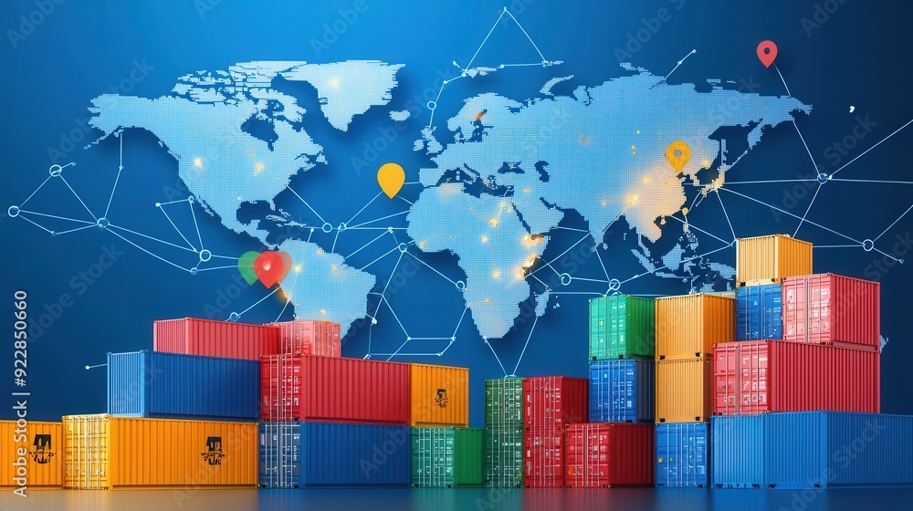 Poster global maps and cargo containers for freight forwarding
