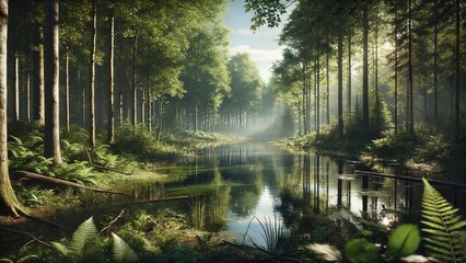 Obraz premium Morning in the forest water forest nature tree landscape lake trees green stream summer. Morning in the forest reflection spring park sky wood pond outdoor environment sun sunlight creek leaf woods.