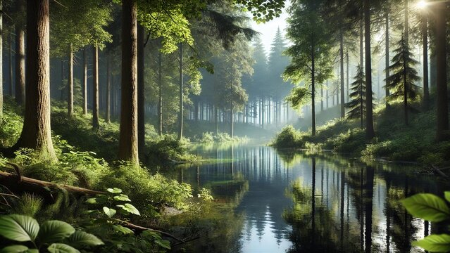 morning in the forest water river nature tree forest landscape lake trees summer stream reflection. morning in the forest pond park spring wood sky beauty garden creek environment plants leaf.