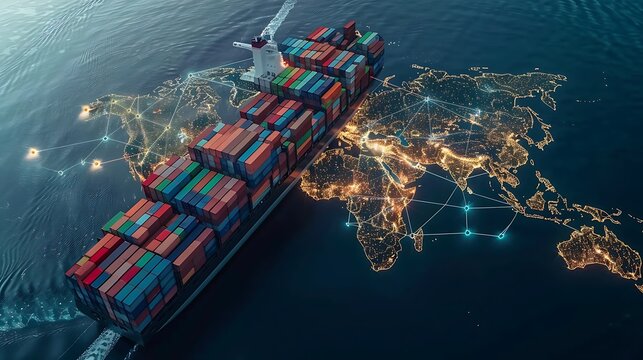 Cargo ship in the ocean. 3d render illustration. Top view.