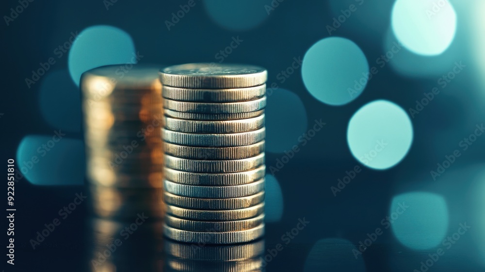 Poster a visually appealing close-up of stacked coins with a blurred bokeh background, symbolizing wealth a