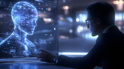 Futuristic AI technology artificial intelligence human people interaction talk interact conversation data information machine learning digital collaborate integration future work