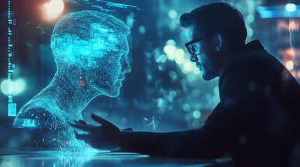 Futuristic AI technology artificial intelligence human people interaction talk interact conversation data information machine learning digital collaborate integration future work