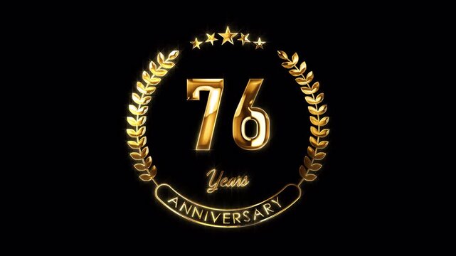 76th Anniversary Celebration. Happy 76 Years Anniversary Animation in Gold Color on the Transparent Background, Alpha Channel. Great for greetings, celebrations, events, and gifts.