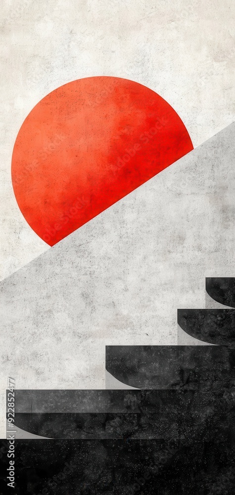 Poster abstract composition featuring a red sun setting behind geometric shapes, creating a modern and arti
