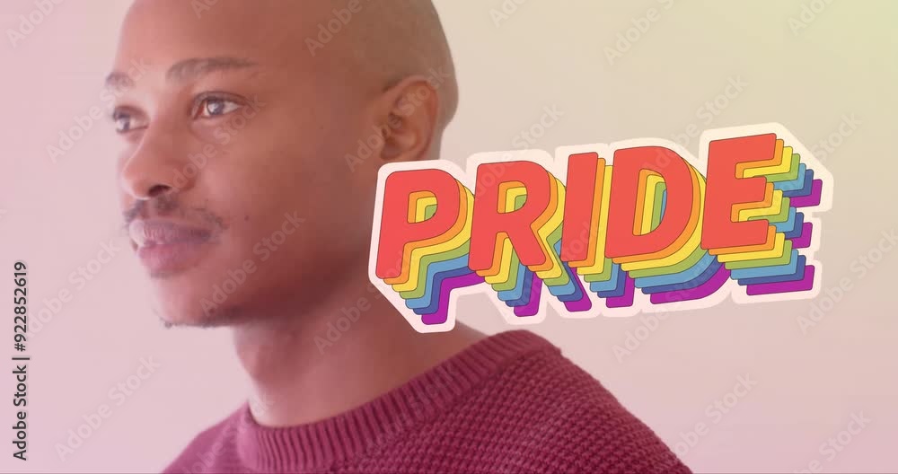 Poster smiling person with pride text animation on colorful background