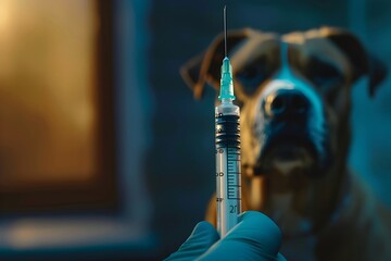 Veterinarian holding syringe with vaccine near big white dog in clinic. Treatment and pet care. National Vaccination Day. World Rabies Day. Animal care, vaccination of pets concept