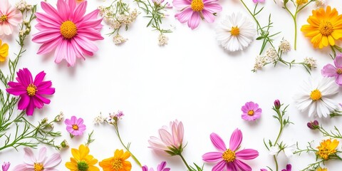 Fototapeta premium A vibrant and colorful flower arrangement creates an absolutely stunning frame, which is perfect for enhancing backgrounds or invitations for various special occasions that deserve celebration