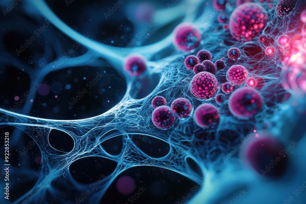 Poster abstract representation of interconnected cells and molecules in vibrant colors, showcasing the comp
