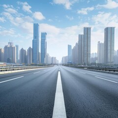 Fototapeta premium Perspective straight empty highway road with modern cityscape. Morning scene view