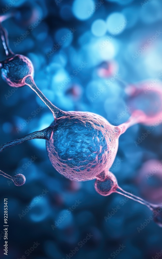 Poster an abstract close-up of a cell structure with colorful background, showcasing the complexity of biol