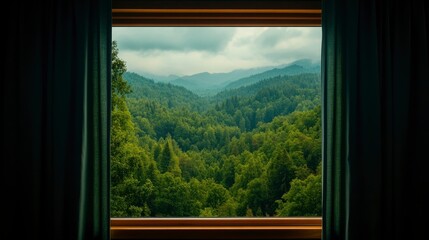 Open Curtains Revealing A Mountain View, A Glimpse Of Nature’S Majesty