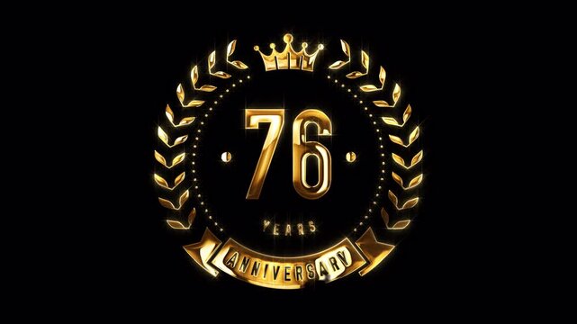 76th Anniversary Celebration. Happy 76 Years Anniversary Animation in Gold Color on the Transparent Background, Alpha Channel. Great for greetings, celebrations, events, and gifts.
