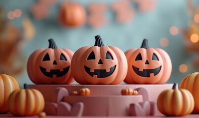 halloween pedestal with jack o lantern pumpkins for products display generative ai.