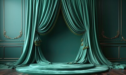 showcase luxury products on an elegant emerald green satin podium backdrop perfect for high end branding,presentations generative ai.