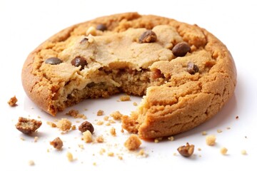 Close up of an half eaten cookie with crumb against a white background
