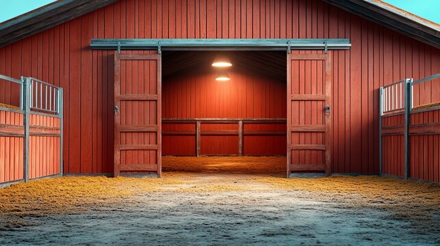 A red barn with double doors open revealing a dusty interior
