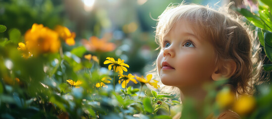 Fototapeta premium Child Peering at Nature creating a sense of adventure in nature. Curious Child Peering at Nature s Wonders in a Garden