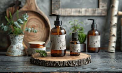 spa natural organic cosmetics packaging design amber glass dispenser,spray bottle with blank labels mockups tree branch birch bark,moss on background.