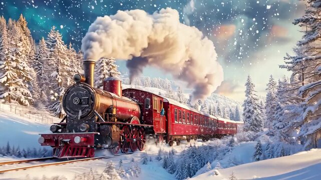 Animation of red polar express train passing through snowy forest. Christmas train goes to North Pole. Video postcard of retro steam locomotive. Footage for Christmas, New Year, winter holiday travel.