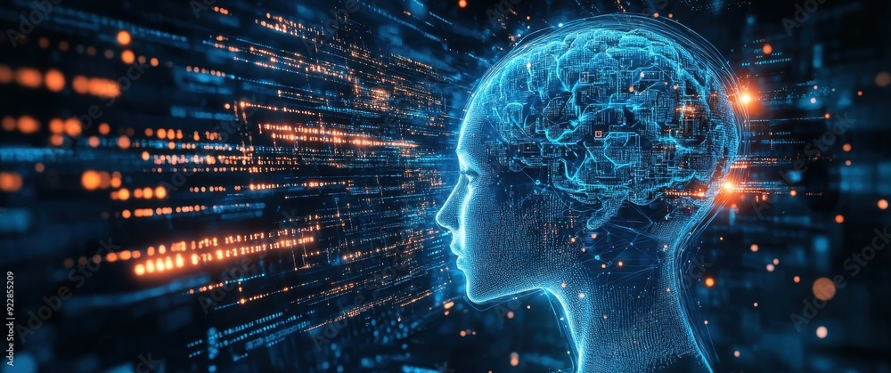 Poster a blue digital brain with gears and cogs, surrounded by glowing lines representing data flowing thro