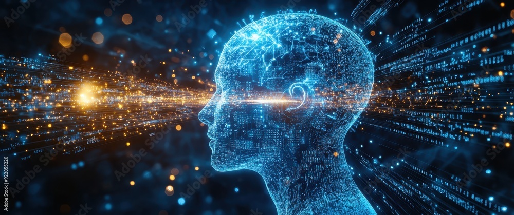 Poster a blue digital brain with gears and cogs, surrounded by glowing lines representing data flowing thro