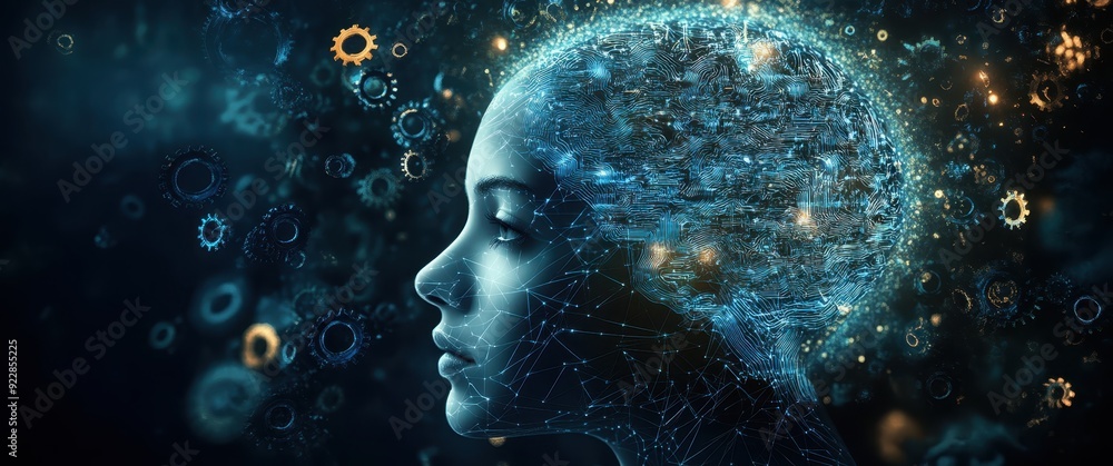 Poster a human head with an intricate digital brain, surrounded by glowing blue and white lines representin