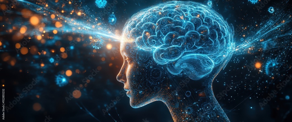 Aufkleber a human head with an intricate digital brain, surrounded by glowing blue and white lines representin