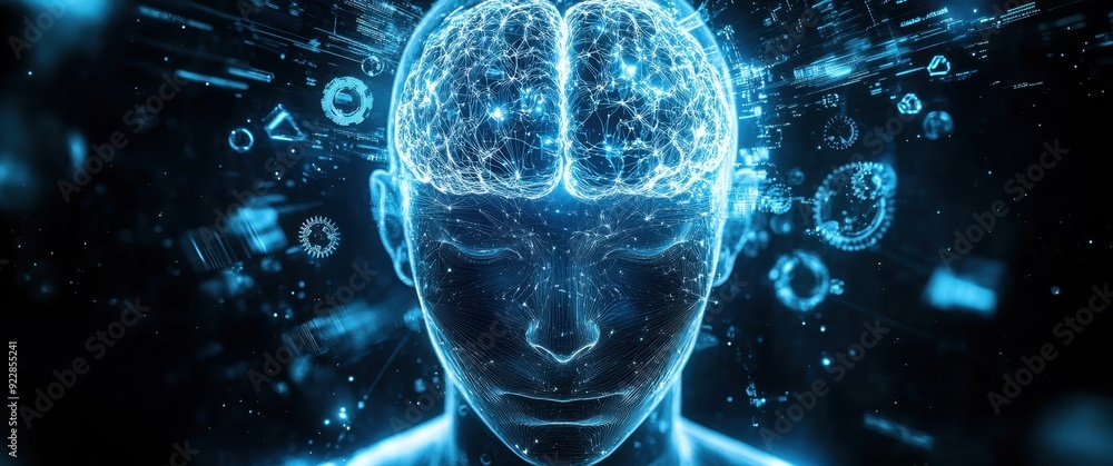 Poster a human head with an intricate digital brain, surrounded by glowing blue and white lines representin