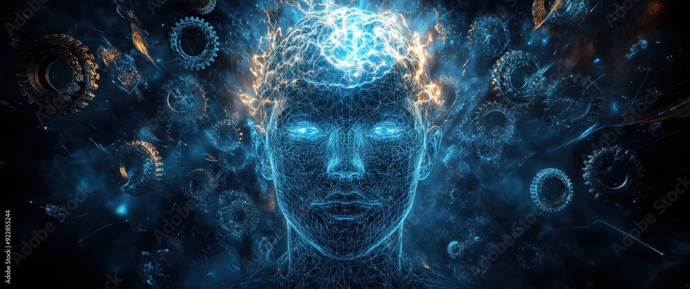 Poster a human head with an intricate digital brain, surrounded by glowing blue and white lines representin