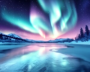 Majestic northern lights illuminate a tranquil winter landscape, reflecting beautifully on a calm frozen lake amidst stunning mountains.