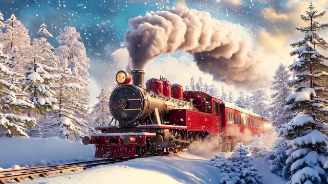 Animation of red polar express train passing through snowy forest. Christmas train goes to North Pole. Video postcard of retro steam locomotive. Footage for Christmas, New Year, winter holiday travel.