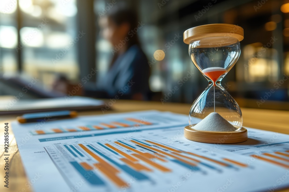 Poster the hourglass on the table symbolizes time management and work, while documents with graphs of growt