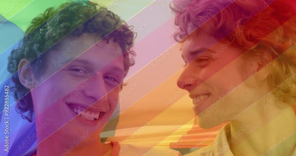 Poster smiling people with rainbow diagonal lines animation over them
