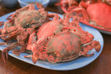 Steamed crabs eat with spicy dipping sauce in the restaurant. Seafood background. Asia food.