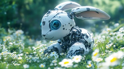 A robotic bunny rests among vibrant flowers in a lush meadow, blending technology with nature's beauty in a serene setting.