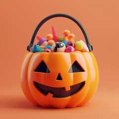 Pumpkin shaped Halloween treat bucket full of different types of candy. 3D illustration