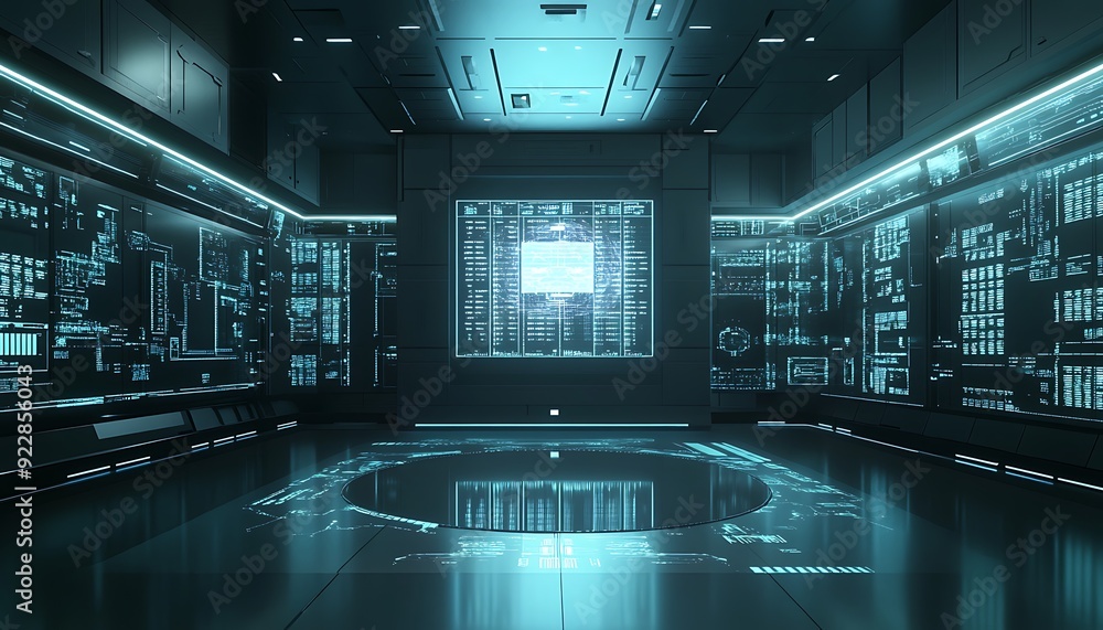 Leinwandbilder 3d high-tech command center with interactive holographic display, glowing data panels, and cool ambi