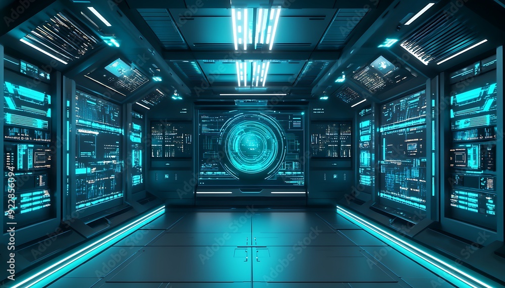 Leinwandbilder 3d high-tech command center with interactive holographic display, glowing data panels, and cool ambi