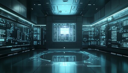 3D High-Tech Command Center with Interactive Holographic Display, Glowing Data Panels, and Cool Ambient Light