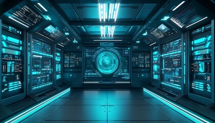 3D High-Tech Command Center with Interactive Holographic Display, Glowing Data Panels, and Cool Ambient Light