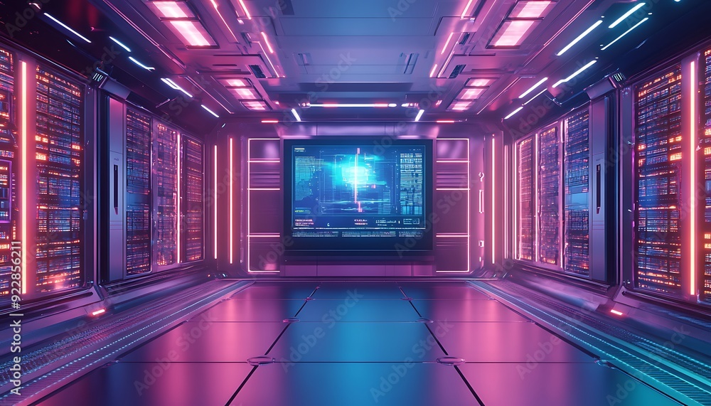 Poster 3d high-tech command center with interactive holographic display, glowing data panels, and cool ambi