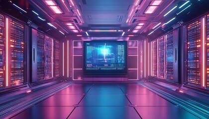 3D High-Tech Command Center with Interactive Holographic Display, Glowing Data Panels, and Cool Ambient Light