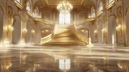 Obraz premium Luxury 3D Background with Grand Marble Staircase, Gold Accents, and Crystal Chandeliers in Opulent Space