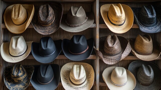 Different styles of cowboy hats hang neatly on wooden shelves, showcasing a range of colors and designs.