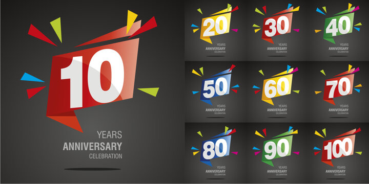 Set of Anniversary decades vector creative design emblems with negative space numbers on color origami speech bubble and black background for celebration event, invitation, greeting, template.ai - Powered by Adobe