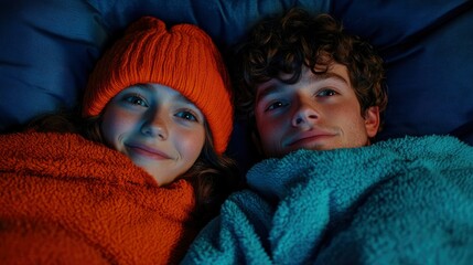 Lgbtq Couple Cuddled Up In Bed, Watching A Movie Together